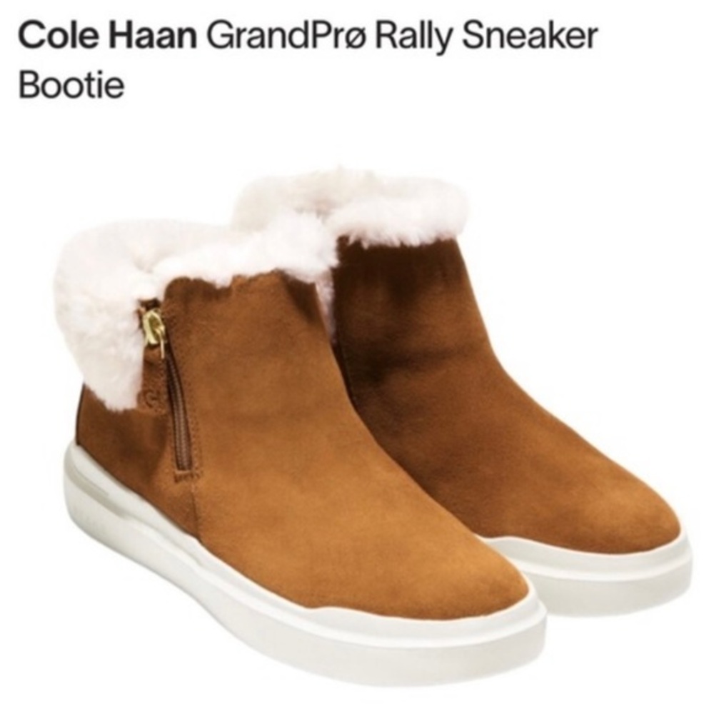 Cole Haan “Grandpro Rally” waterproof brown carmel suede‎ bootie faux shearling